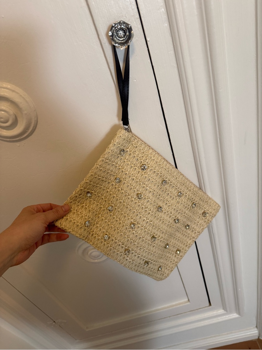 Beaded Rhinestone Cream Woven Beach Bag Straw Wristlet Clutch